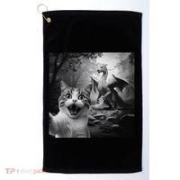 Funny Surprised Scared Cat Selfie With Dragon Golf Towel thumb 0