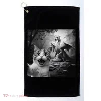 Funny Surprised Scared Cat Selfie With Dragon Golf Towel thumb 0