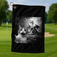 Funny Surprised Scared Cat Selfie With Dragon Golf Towel thumb 1