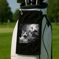 Funny Surprised Scared Cat Selfie With Dragon Golf Towel thumb 2