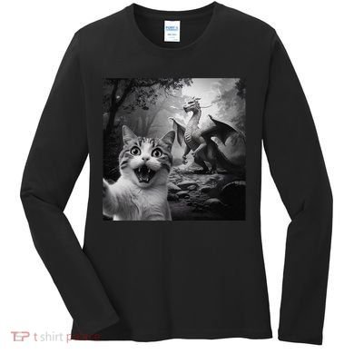 Funny Surprised Scared Cat Selfie With Dragon Women's Long Sleeve Shirt