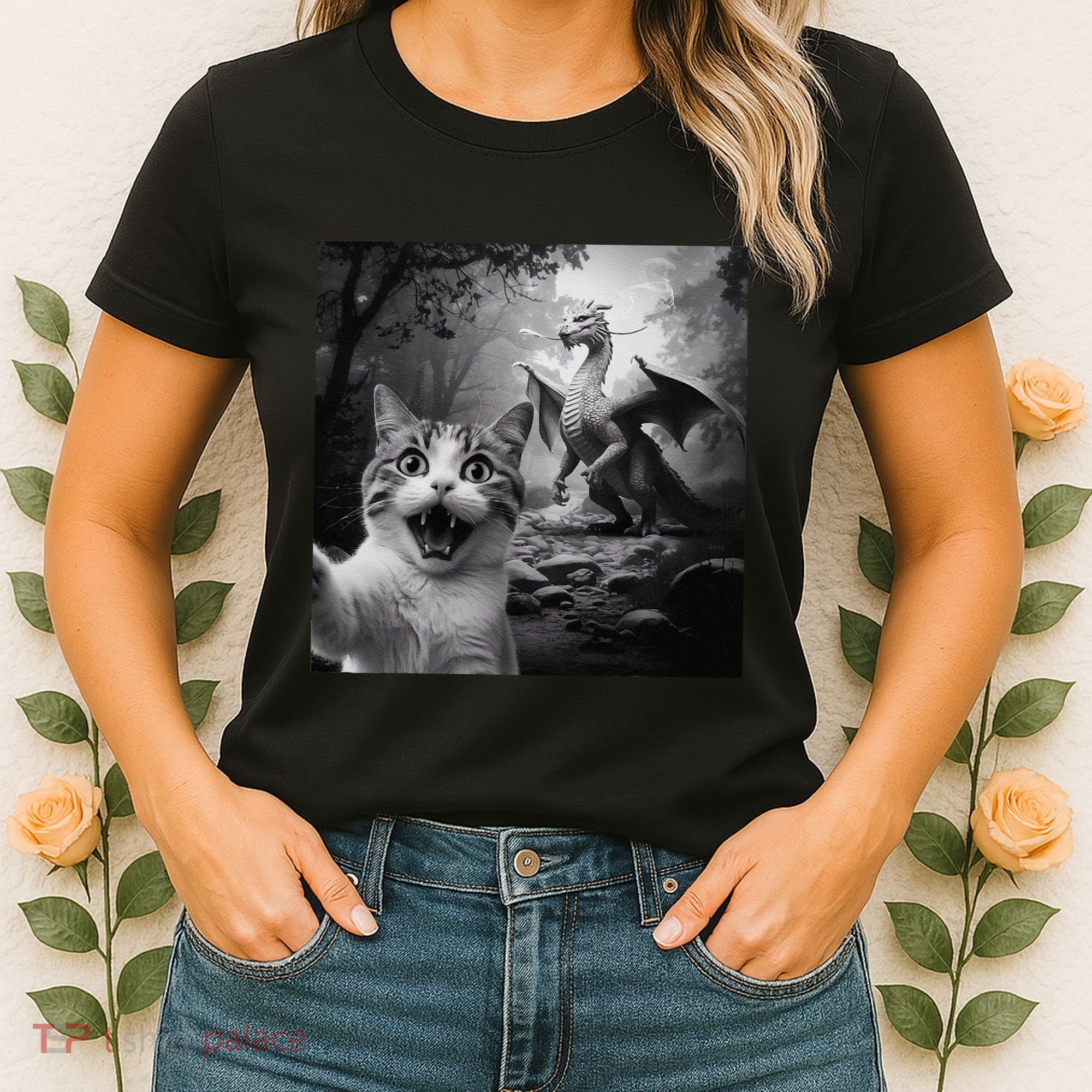 Funny Surprised Scared Cat Selfie With Dragon Women's T-Shirt