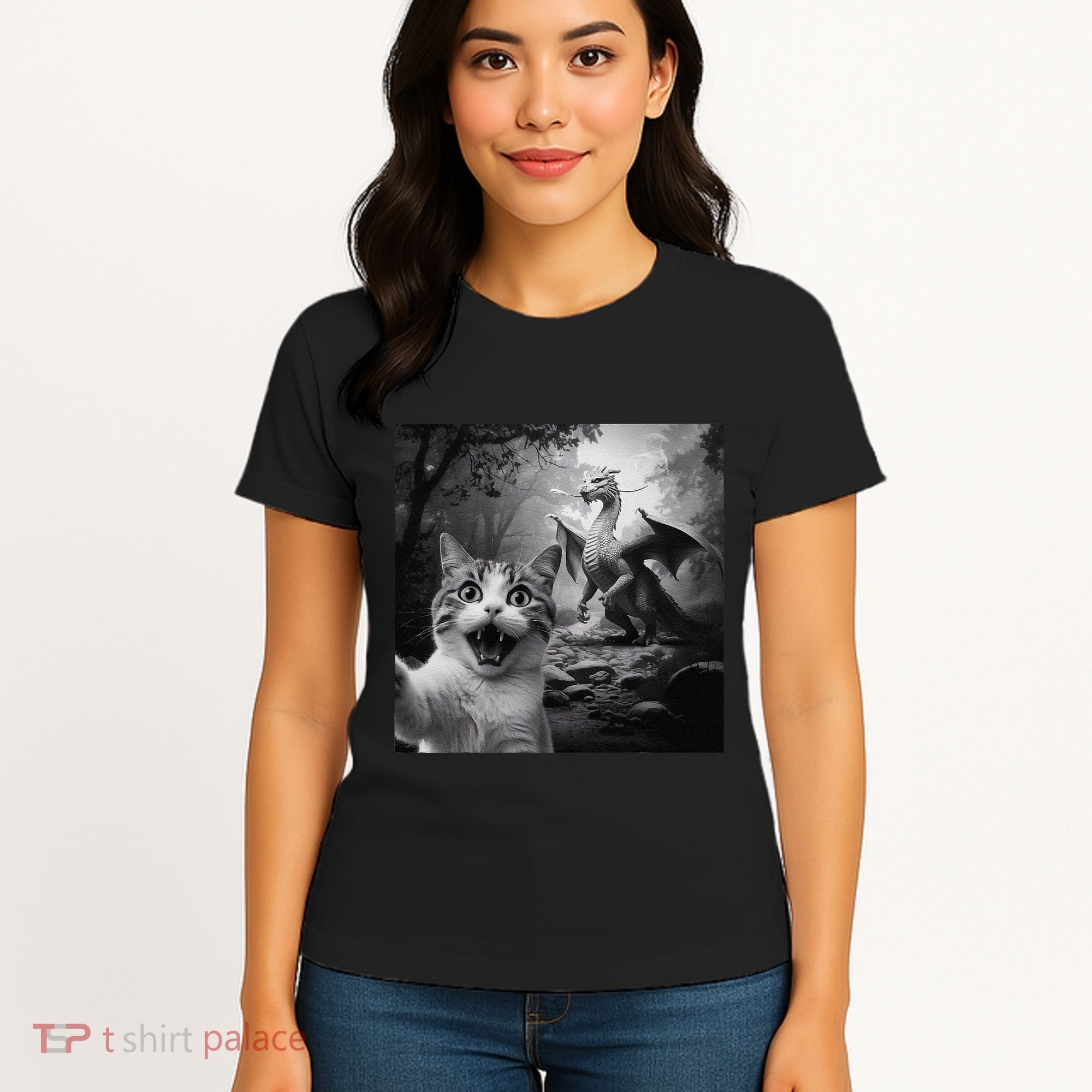 Funny Surprised Scared Cat Selfie With Dragon Women's T-Shirt
