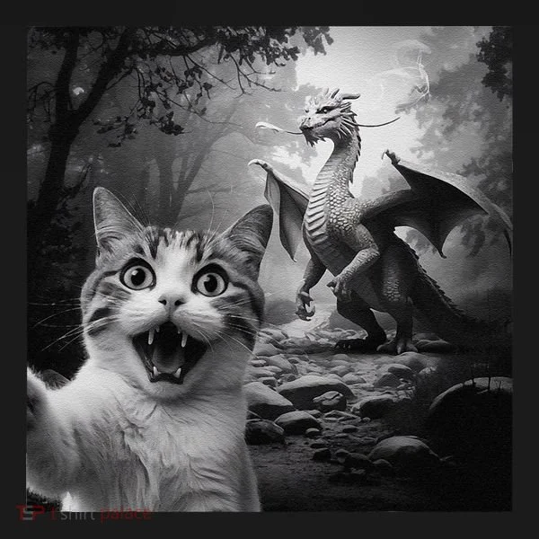 Funny Surprised Scared Cat Selfie With Dragon Women's T-Shirt