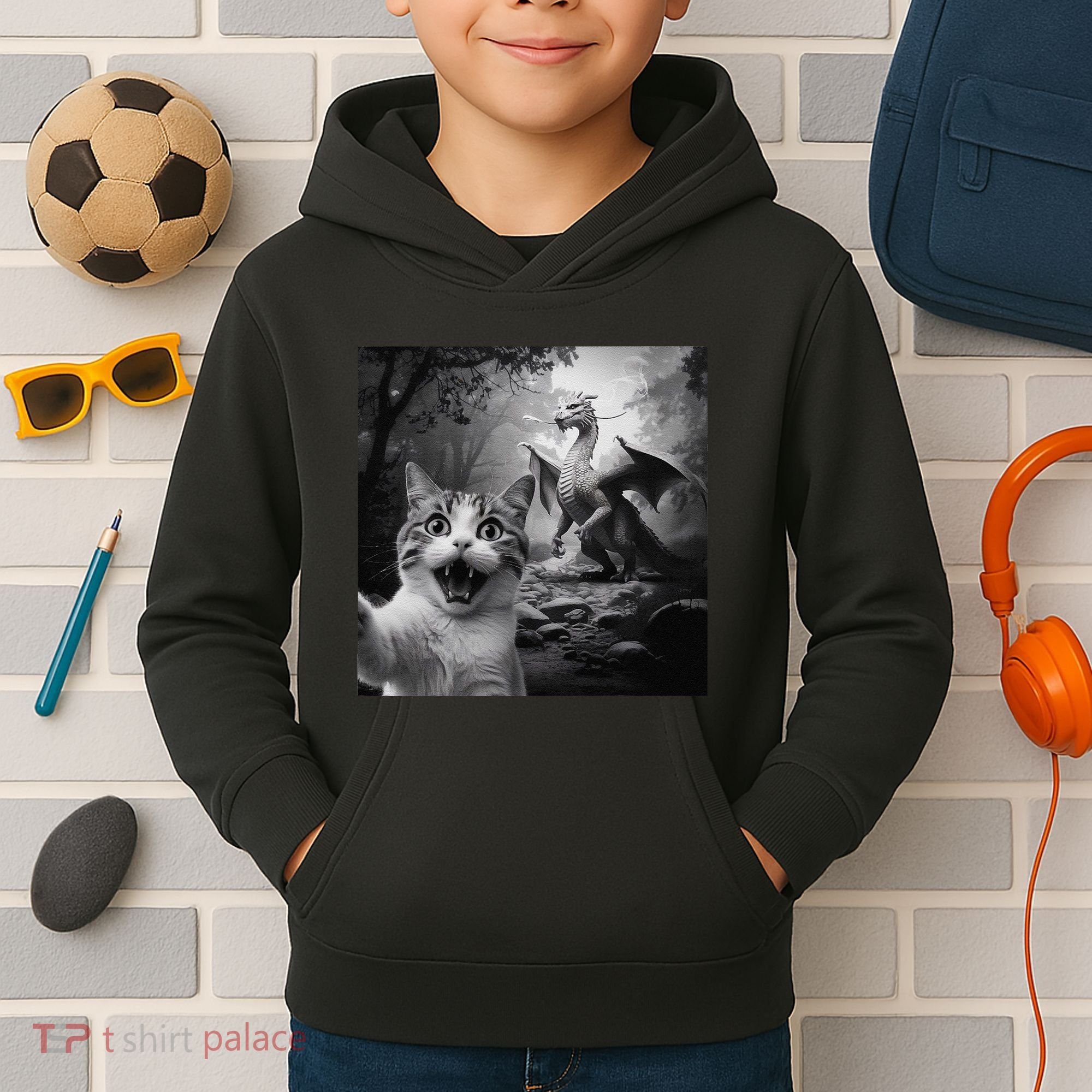 Funny Surprised Scared Cat Selfie With Dragon Kids Hoodie