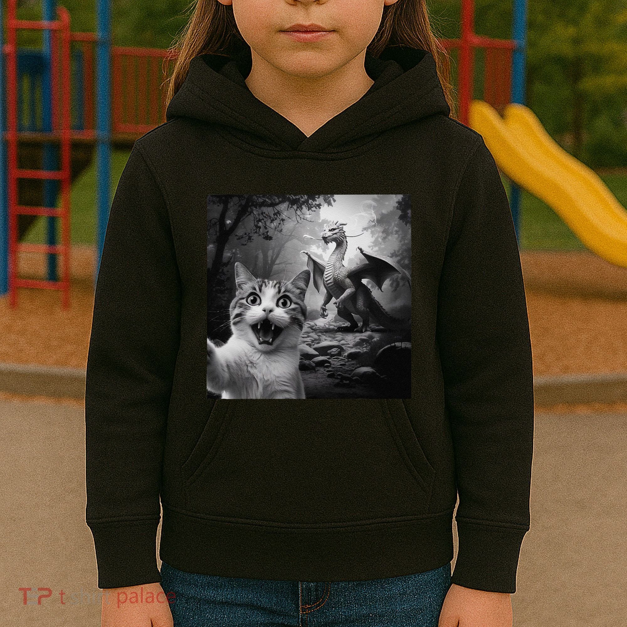 Funny Surprised Scared Cat Selfie With Dragon Kids Hoodie