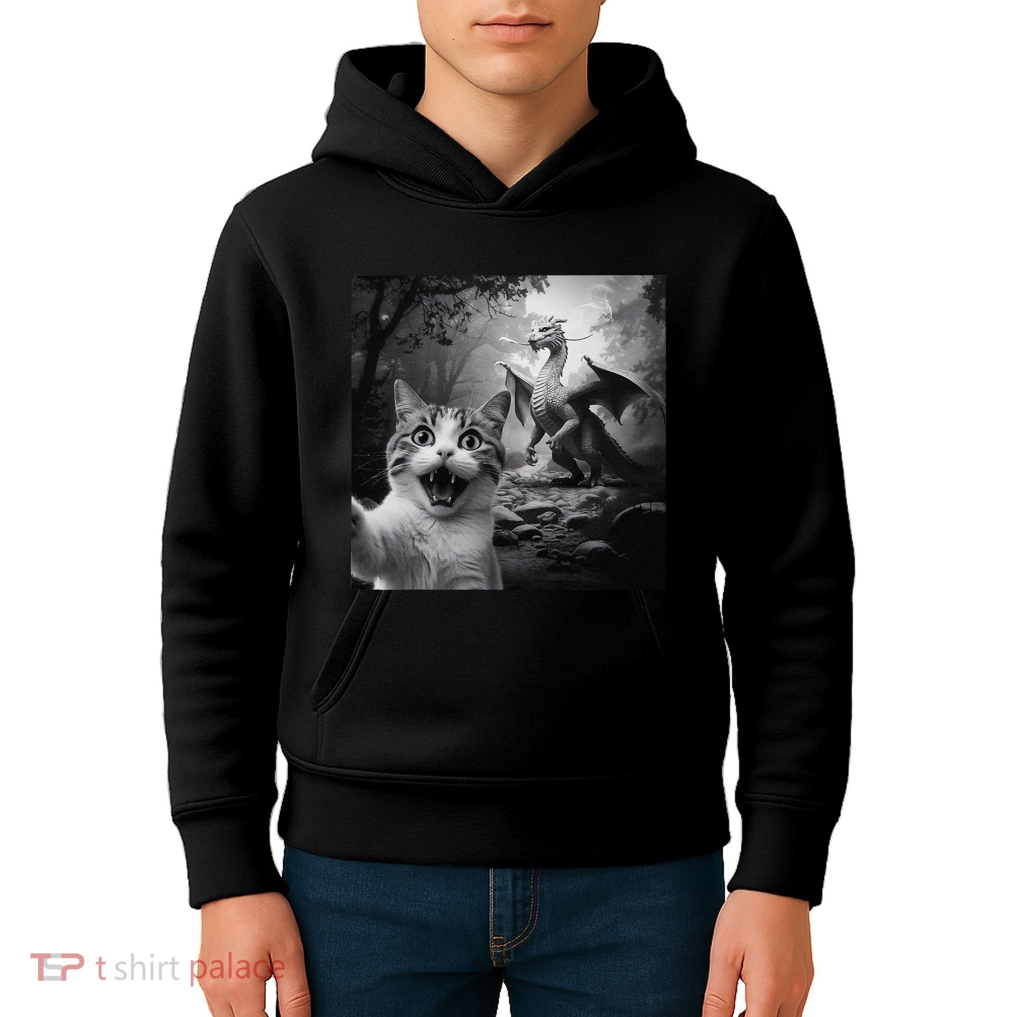Funny Surprised Scared Cat Selfie With Dragon Kids Hoodie
