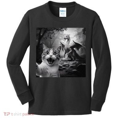 Funny Surprised Scared Cat Selfie With Dragon Kids Long Sleeve Shirt