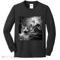 Funny Surprised Scared Cat Selfie With Dragon Kids Long Sleeve Shirt thumb 0