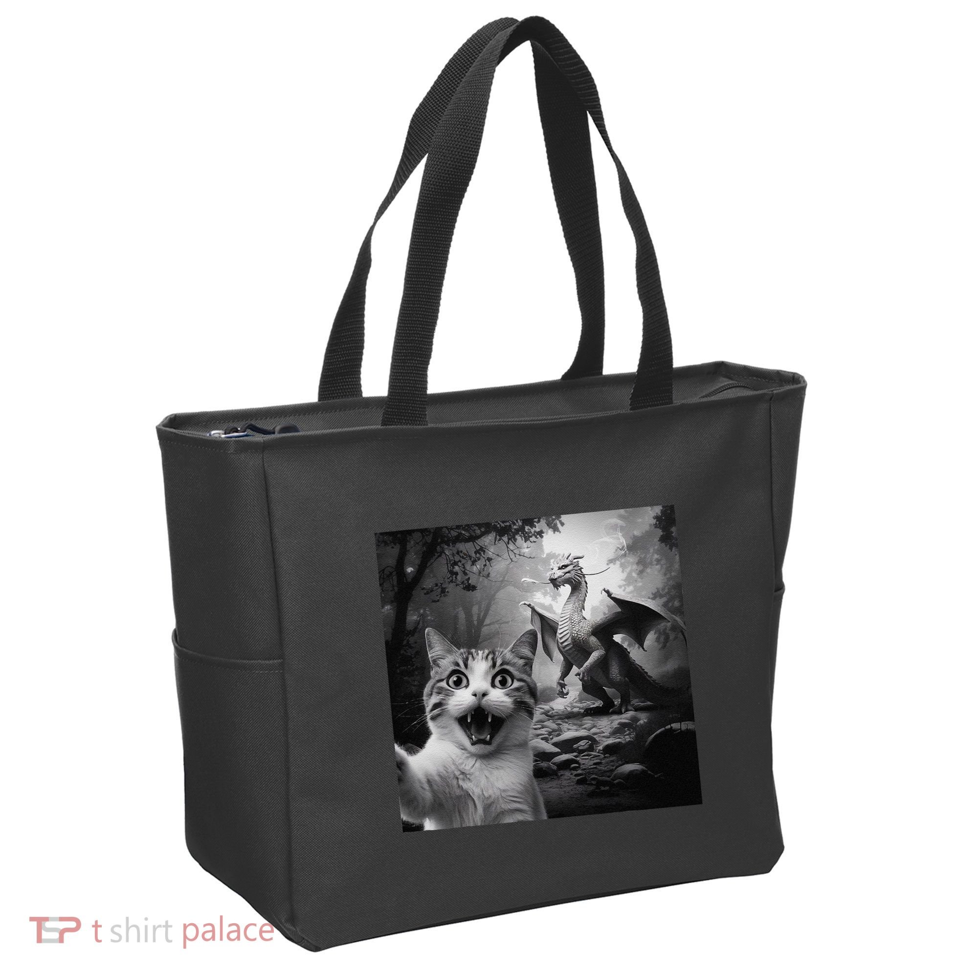 Funny Surprised Scared Cat Selfie With Dragon Tote Bag