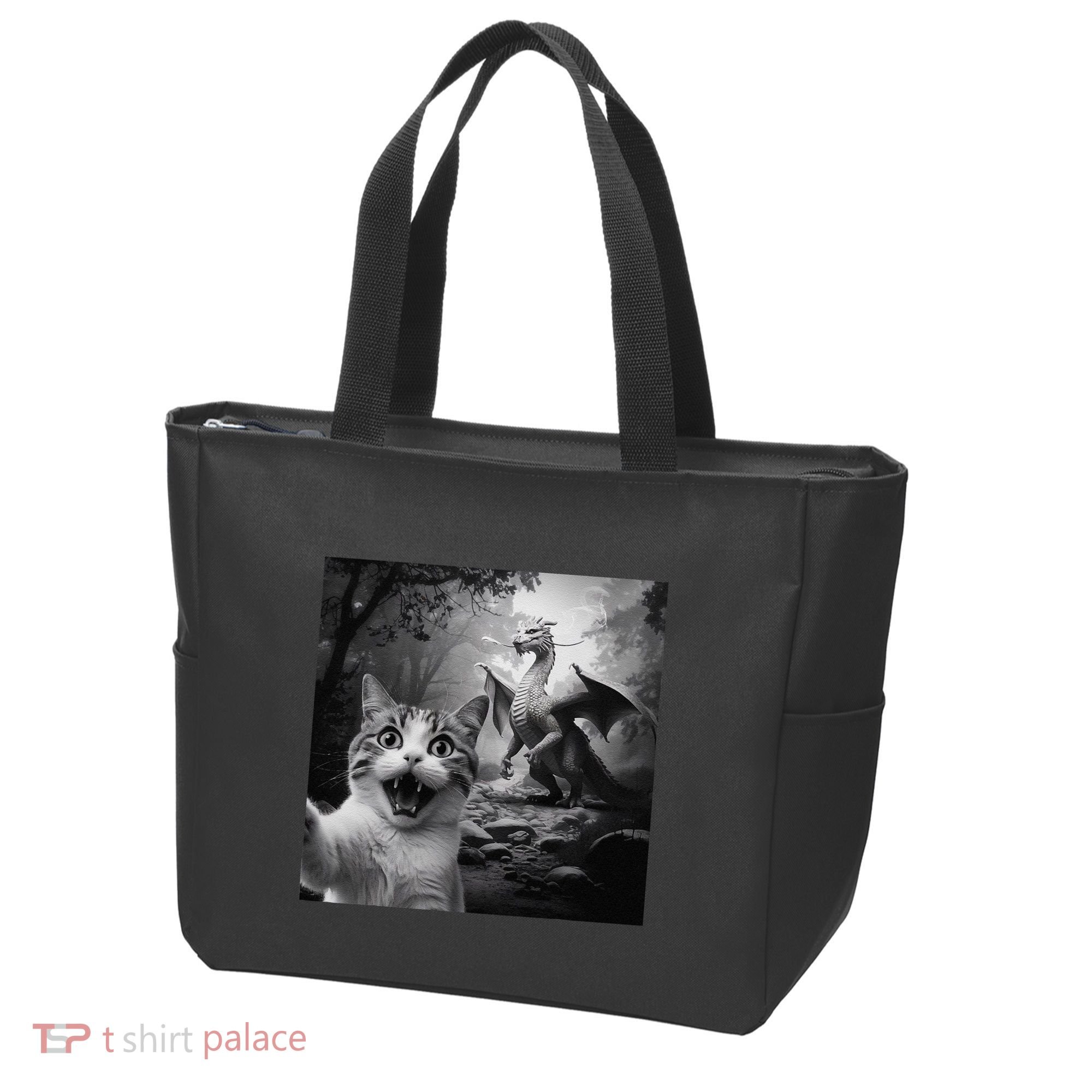 Funny Surprised Scared Cat Selfie With Dragon Tote Bag