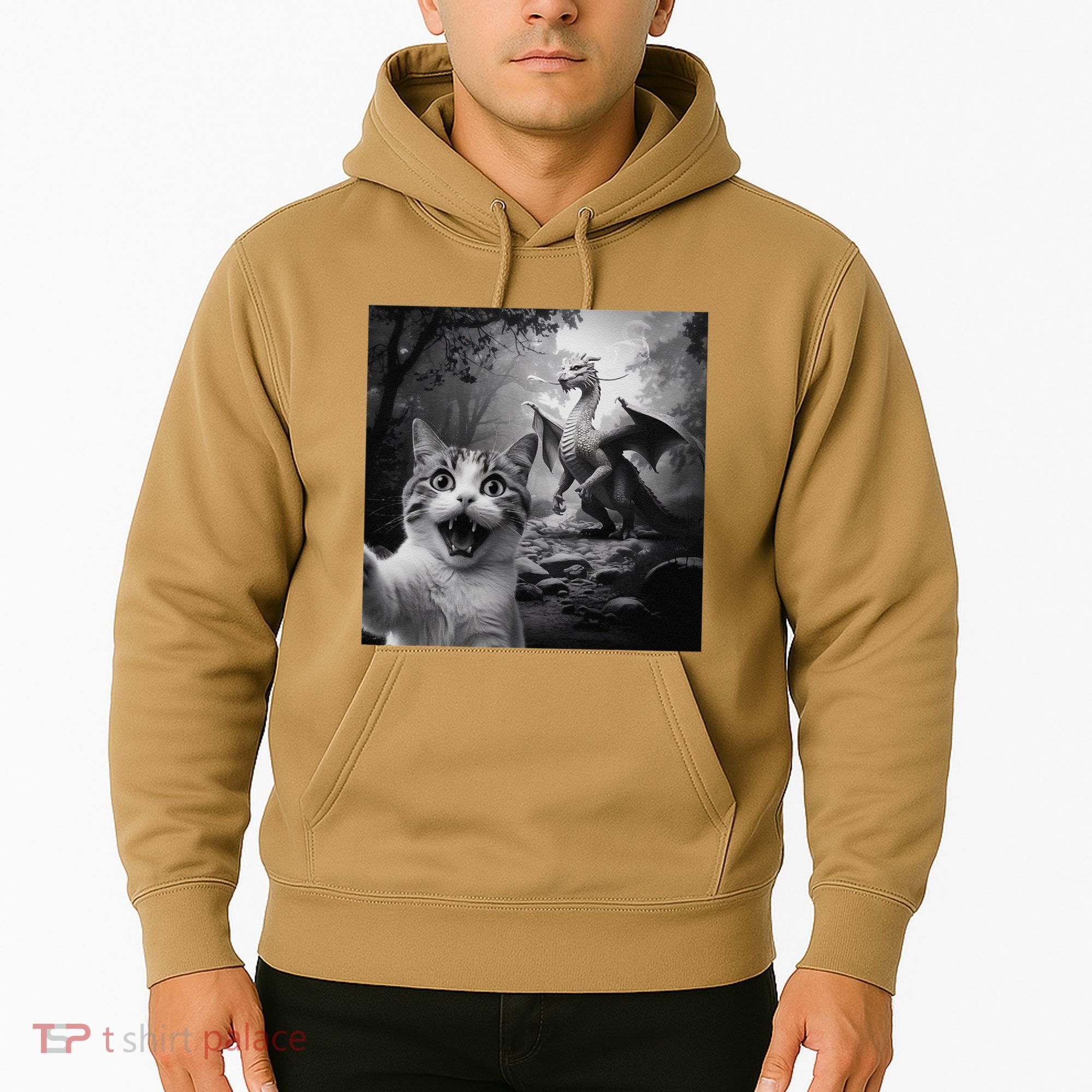 Funny Surprised Scared Cat Selfie With Dragon Hoodie