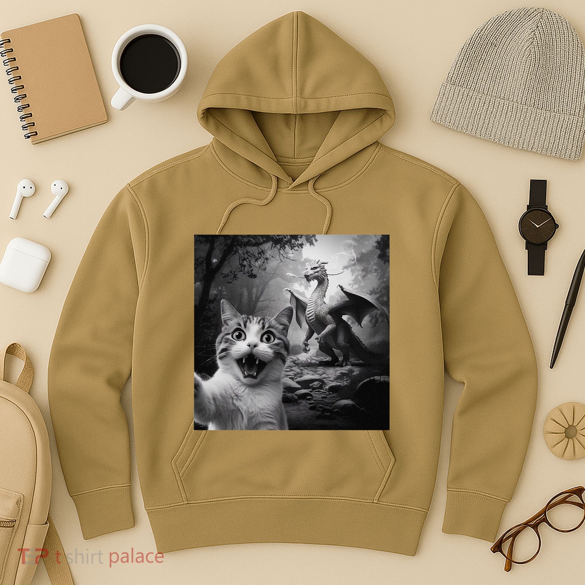 Funny Surprised Scared Cat Selfie With Dragon Hoodie