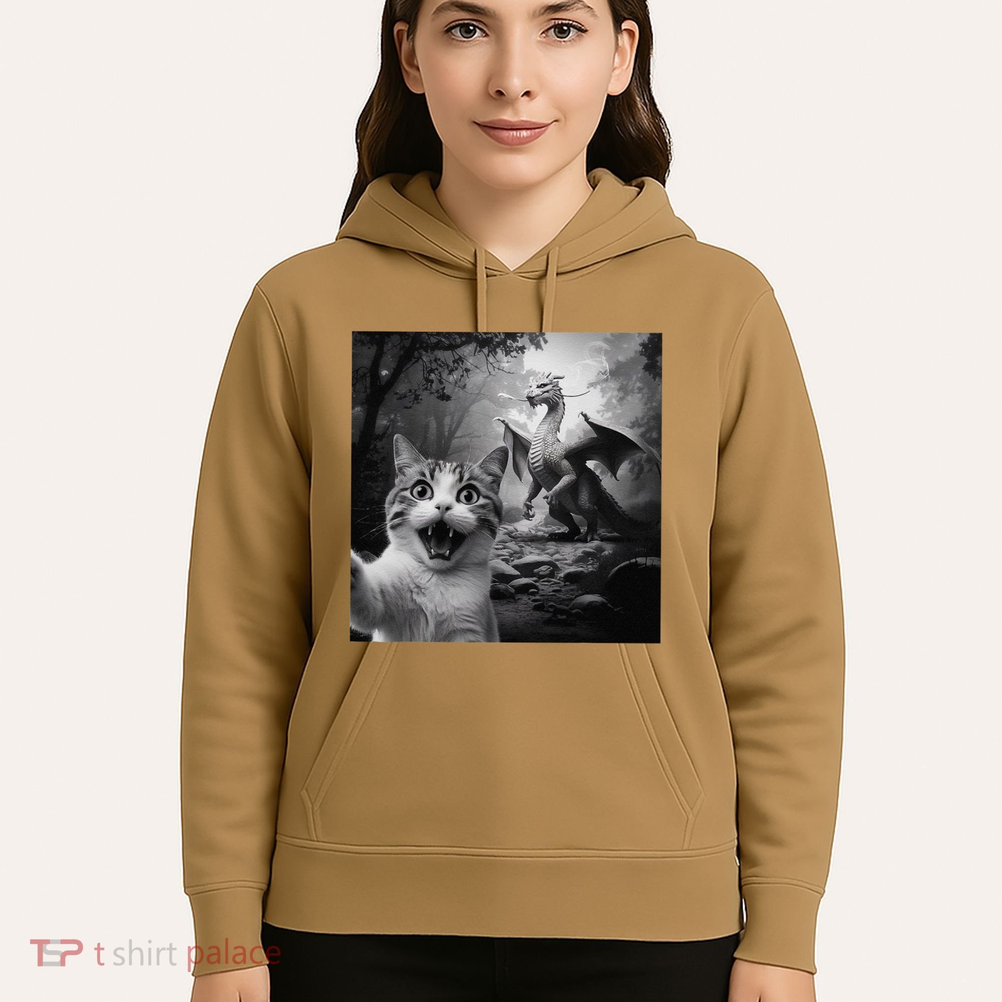 Funny Surprised Scared Cat Selfie With Dragon Hoodie