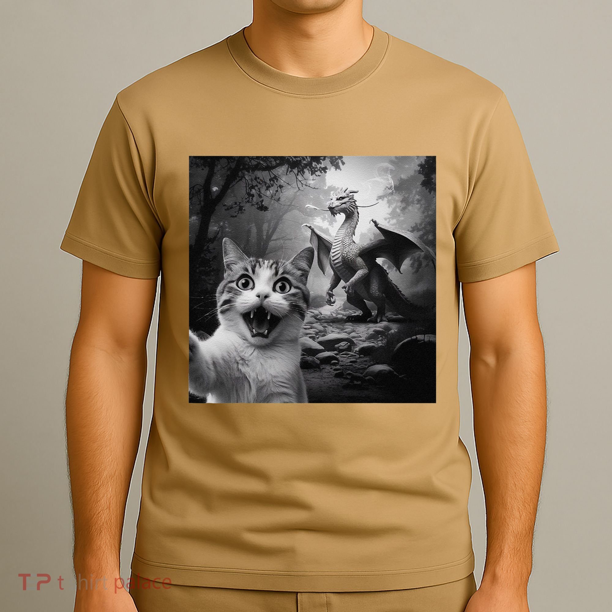 Funny Surprised Scared Cat Selfie With Dragon T-Shirt