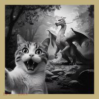 Funny Surprised Scared Cat Selfie With Dragon Button thumb 1