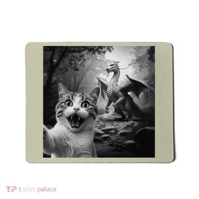 Funny Surprised Scared Cat Selfie With Dragon Mousepad
