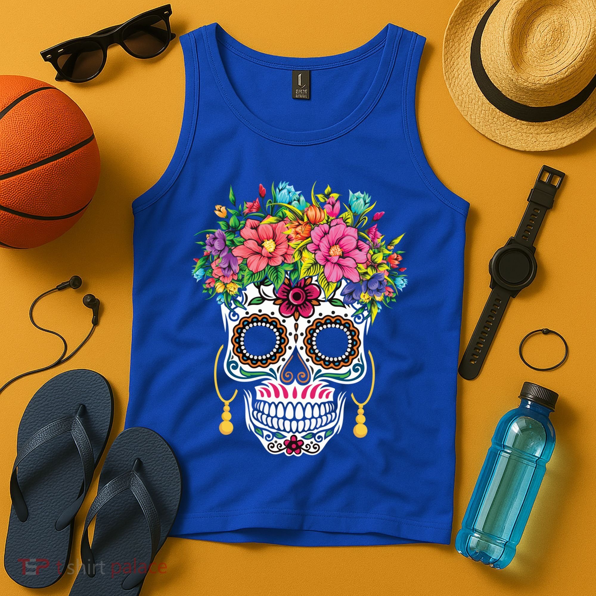 Flower Sugar Skull Souls Day Muertos Day Of Dead Halloween Gift Tank Top