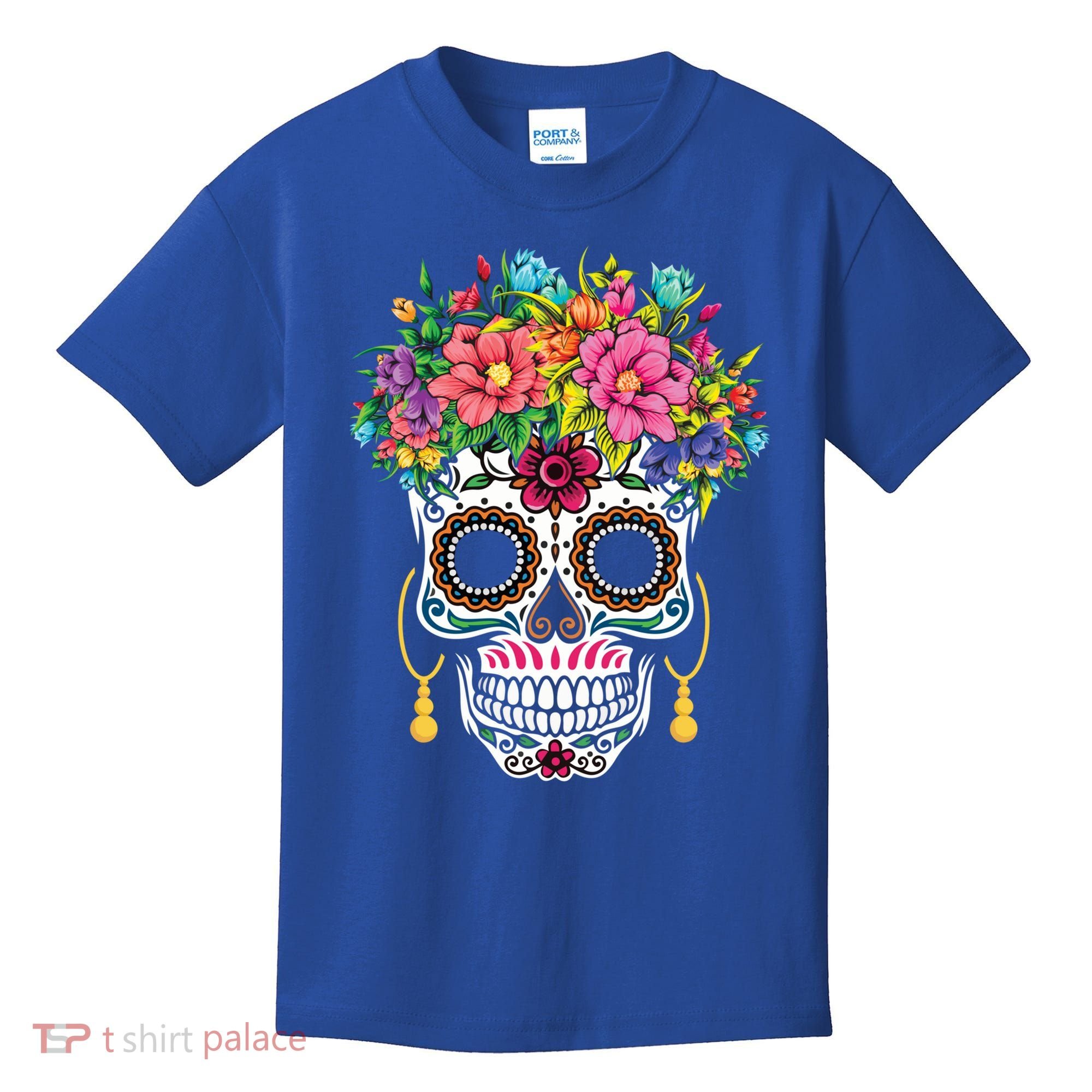 Flower Sugar Skull Souls Day Muertos Day Of Dead Halloween Gift Kids T-Shirt