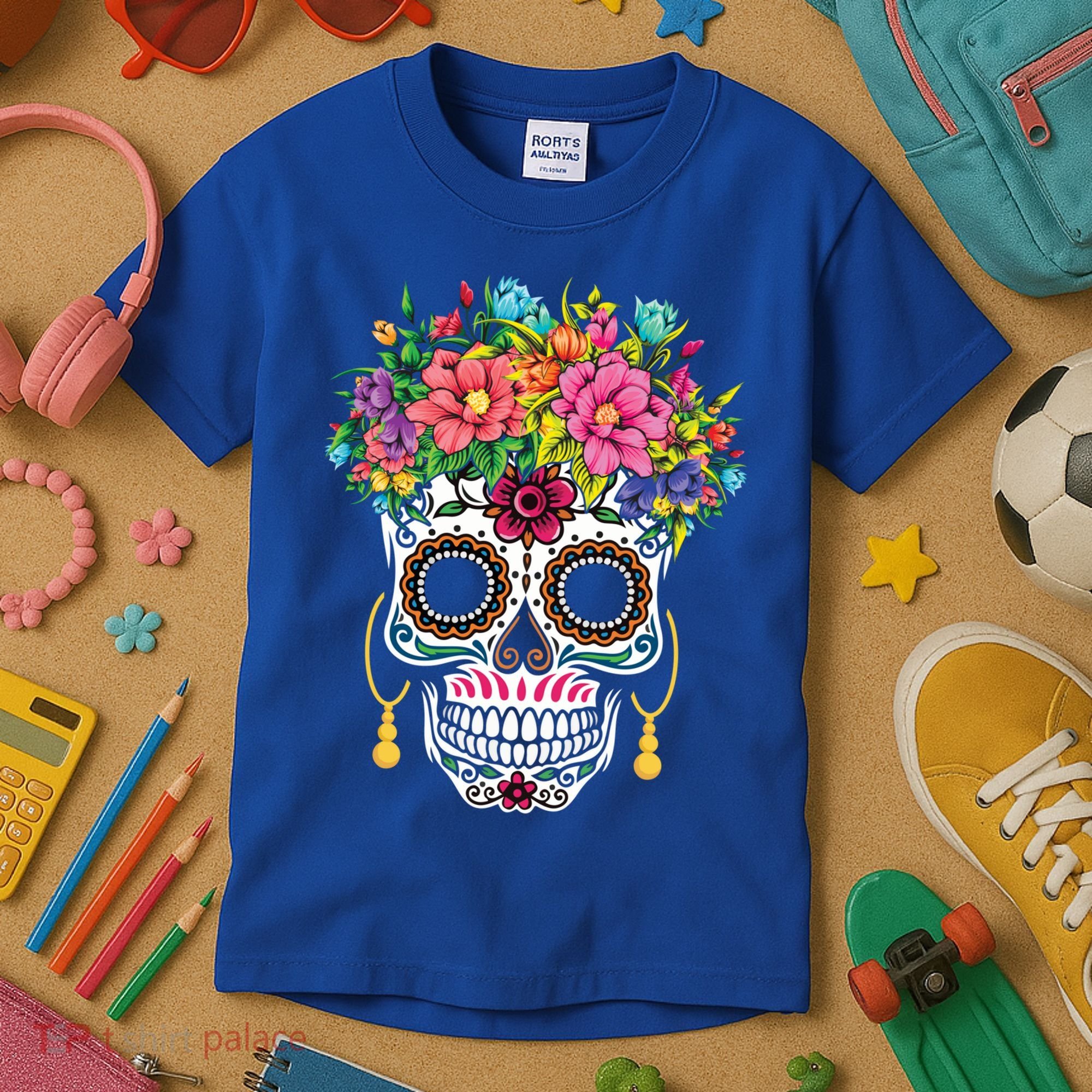 Flower Sugar Skull Souls Day Muertos Day Of Dead Halloween Gift Kids T-Shirt