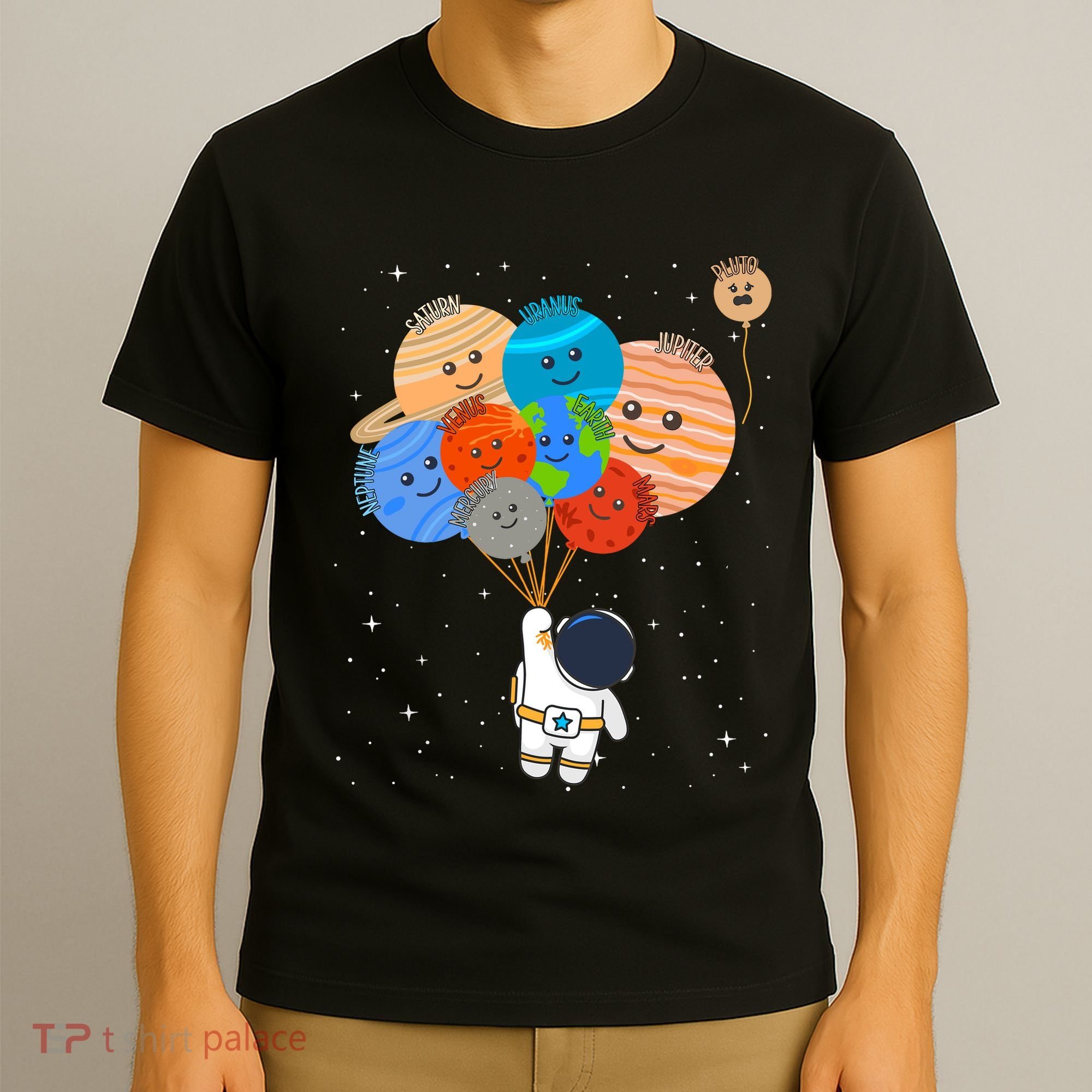 Funny Solar System Astronaut Holding Planet Balloons Pluto T-Shirt