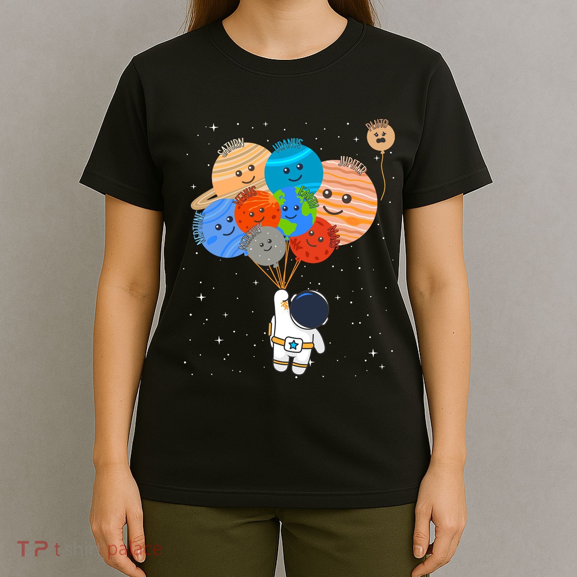 Funny Solar System Astronaut Holding Planet Balloons Pluto T-Shirt
