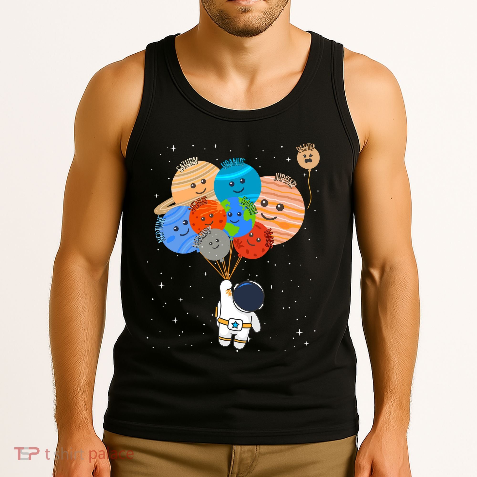 Funny Solar System Astronaut Holding Planet Balloons Pluto Tank Top