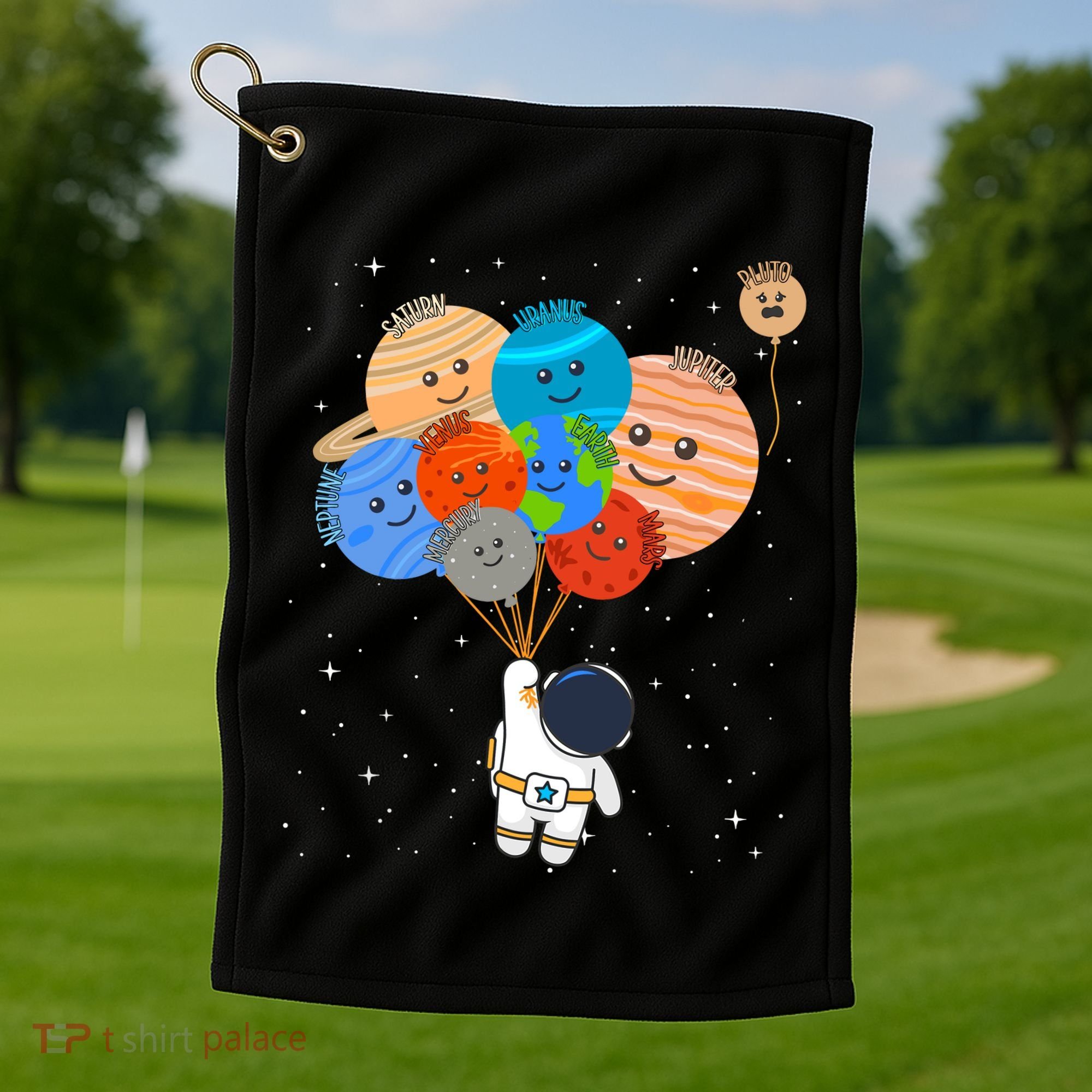 Funny Solar System Astronaut Holding Planet Balloons Pluto Golf Towel