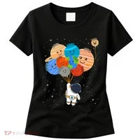 Funny Solar System Astronaut Holding Planet Balloons Pluto Women's T-Shirt thumb 0