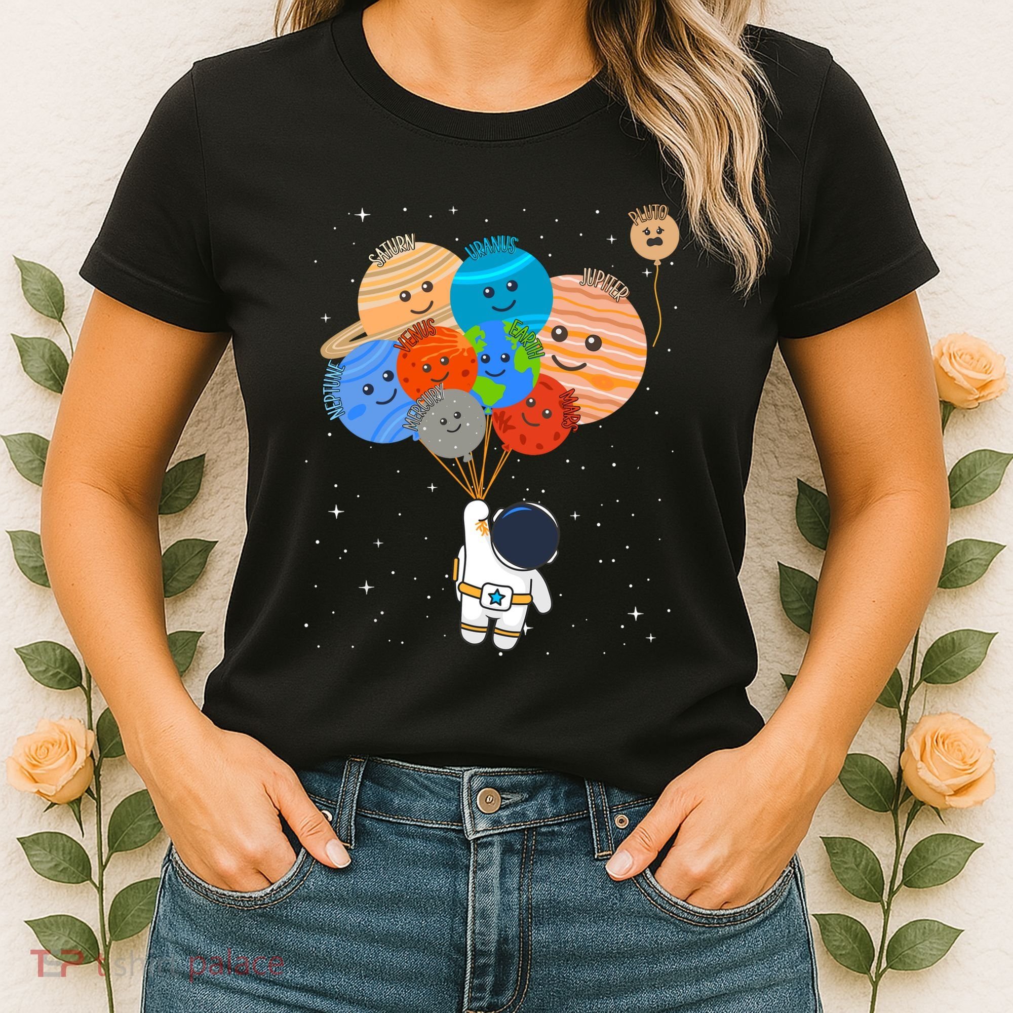 Funny Solar System Astronaut Holding Planet Balloons Pluto Women's T-Shirt