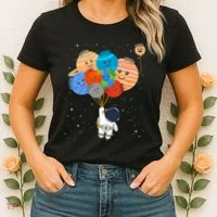 Funny Solar System Astronaut Holding Planet Balloons Pluto Women's T-Shirt thumb 2