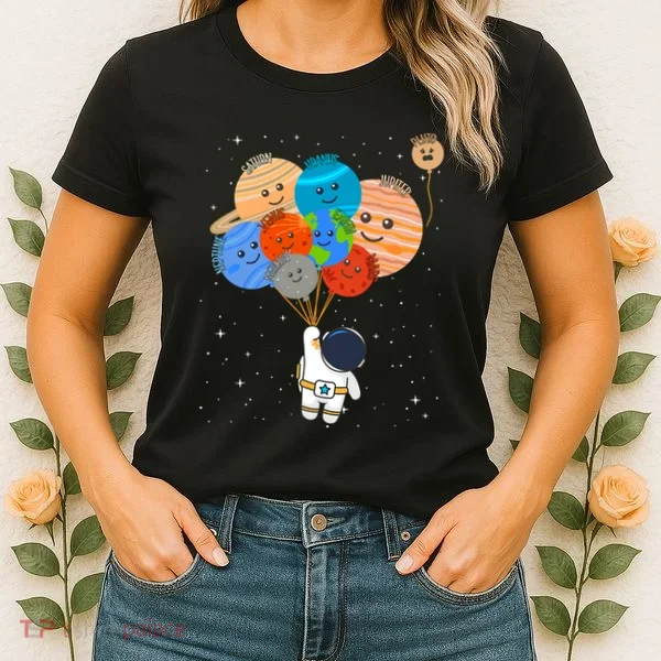 Funny Solar System Astronaut Holding Planet Balloons Pluto Women's T-Shirt