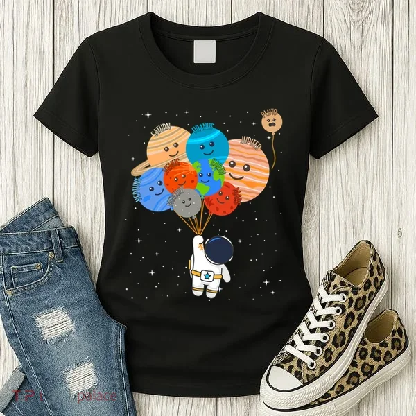 Funny Solar System Astronaut Holding Planet Balloons Pluto Women's T-Shirt