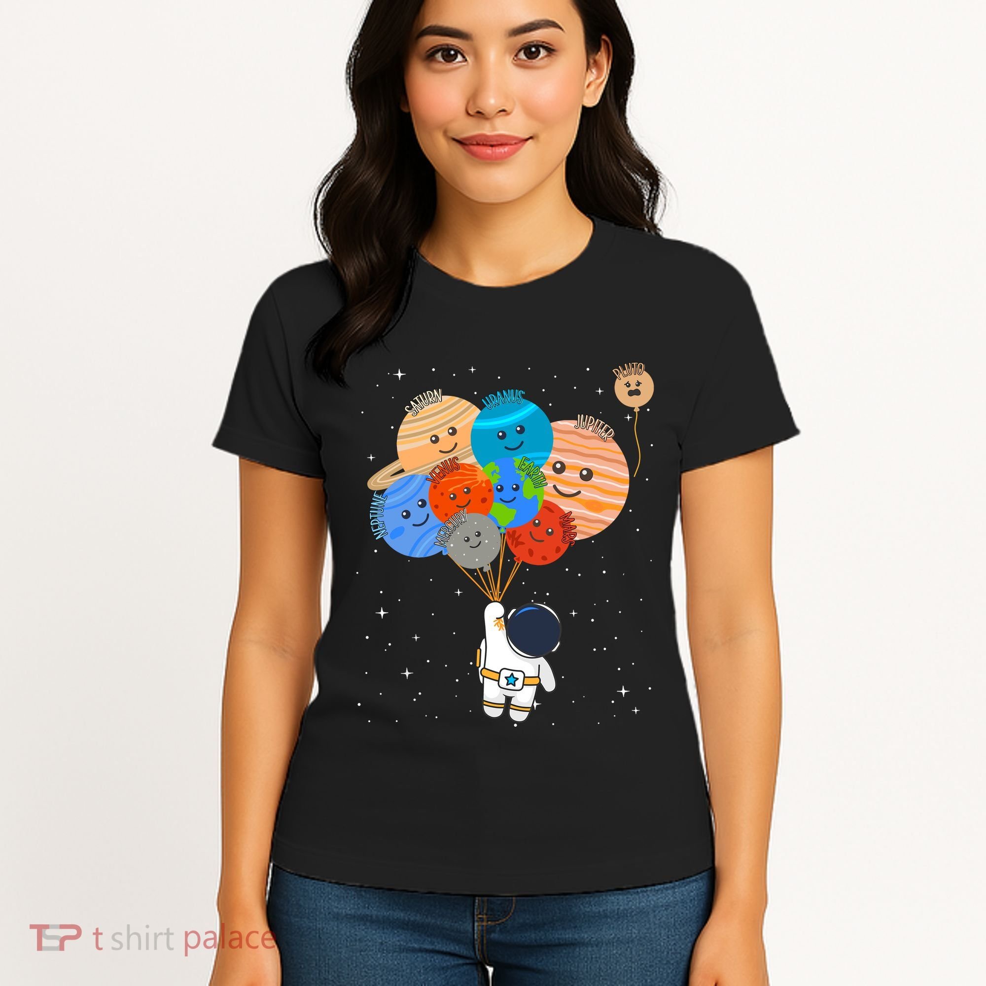 Funny Solar System Astronaut Holding Planet Balloons Pluto Women's T-Shirt