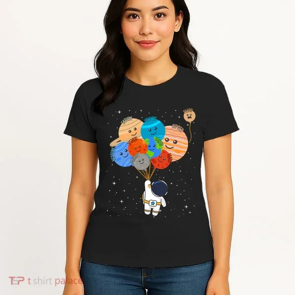 Funny Solar System Astronaut Holding Planet Balloons Pluto Women's T-Shirt
