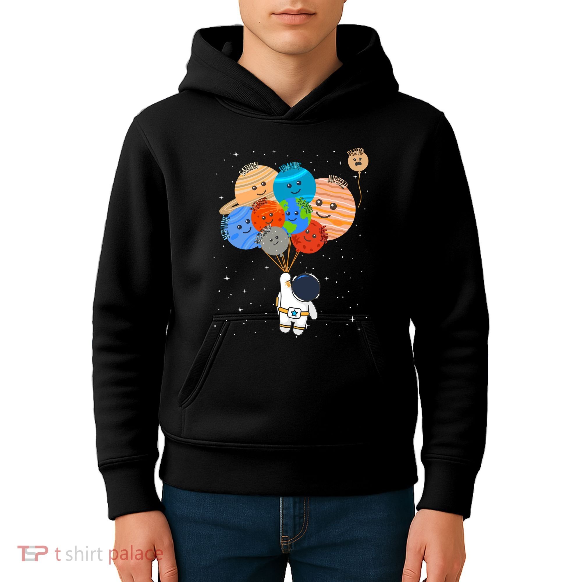 Funny Solar System Astronaut Holding Planet Balloons Pluto Kids Hoodie