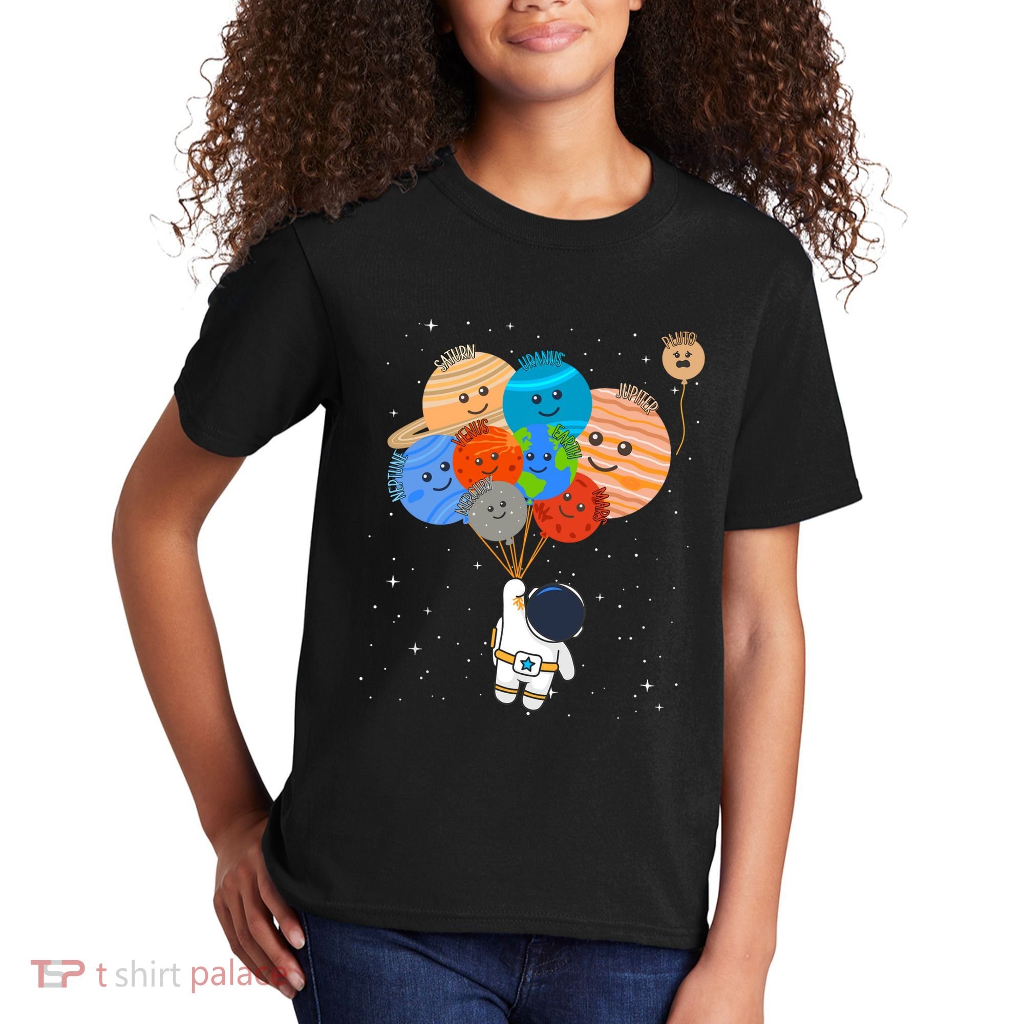 Funny Solar System Astronaut Holding Planet Balloons Pluto Kids T-Shirt