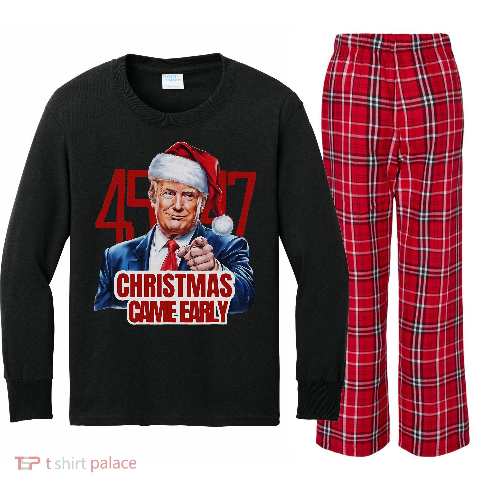 Funny Santa Trump Christmas Came Early 47th President Xmas Kids Long Sleeve Plaid Pajama Set
