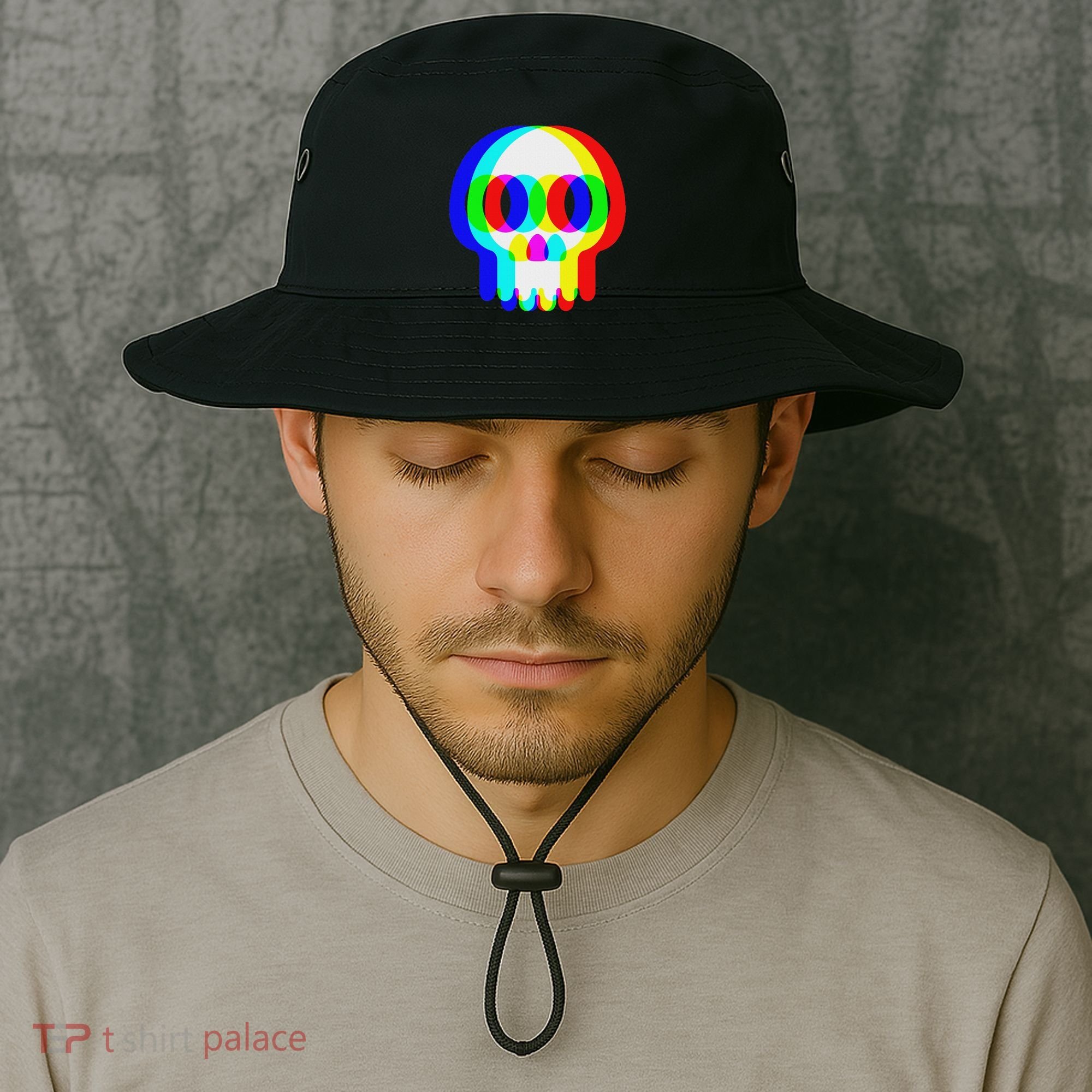 Funny Skull Trippy Vaporwave Halloween Techno Rave Edm Party Bucket Hat
