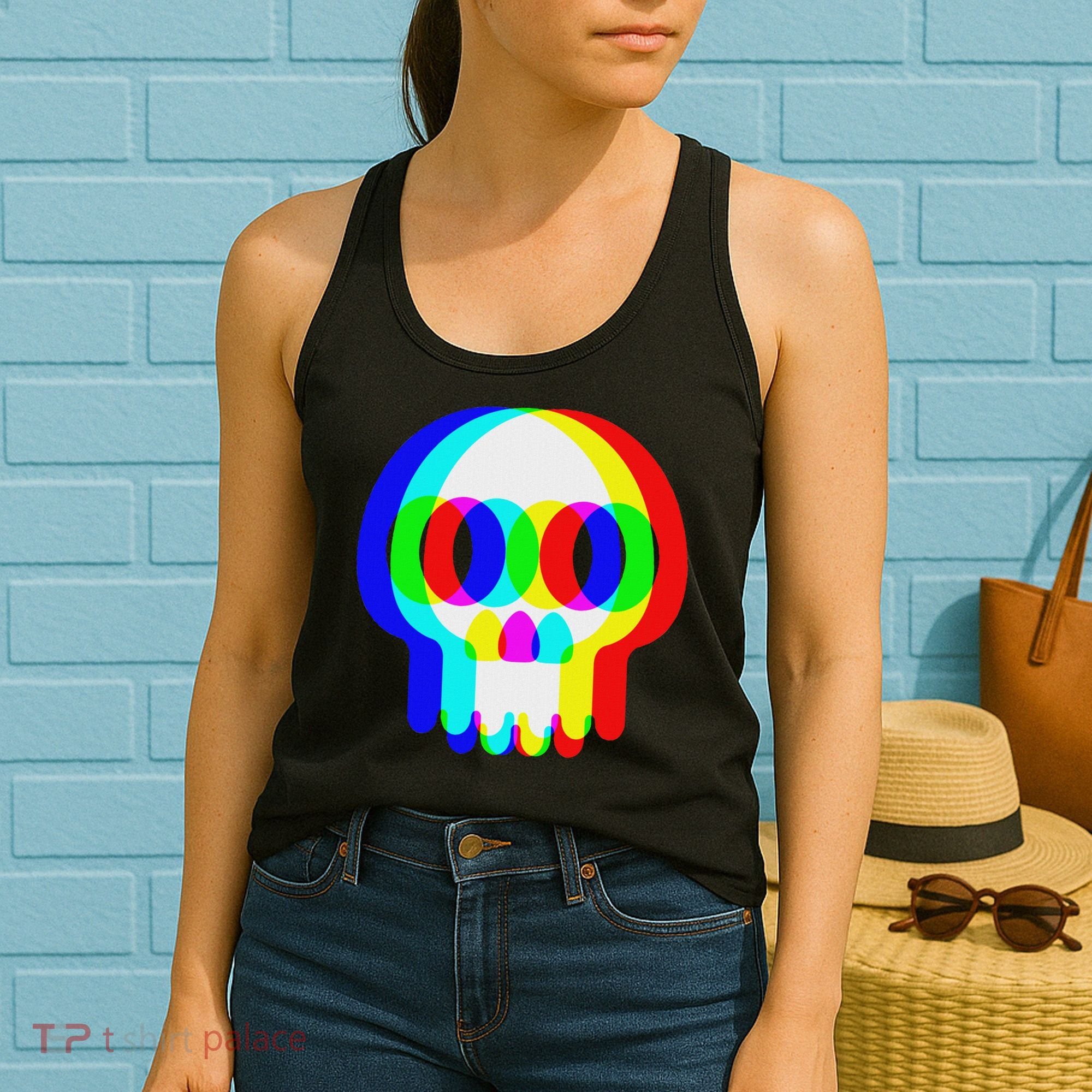 Funny Skull Trippy Vaporwave Halloween Techno Rave Edm Party Women's Tank Top