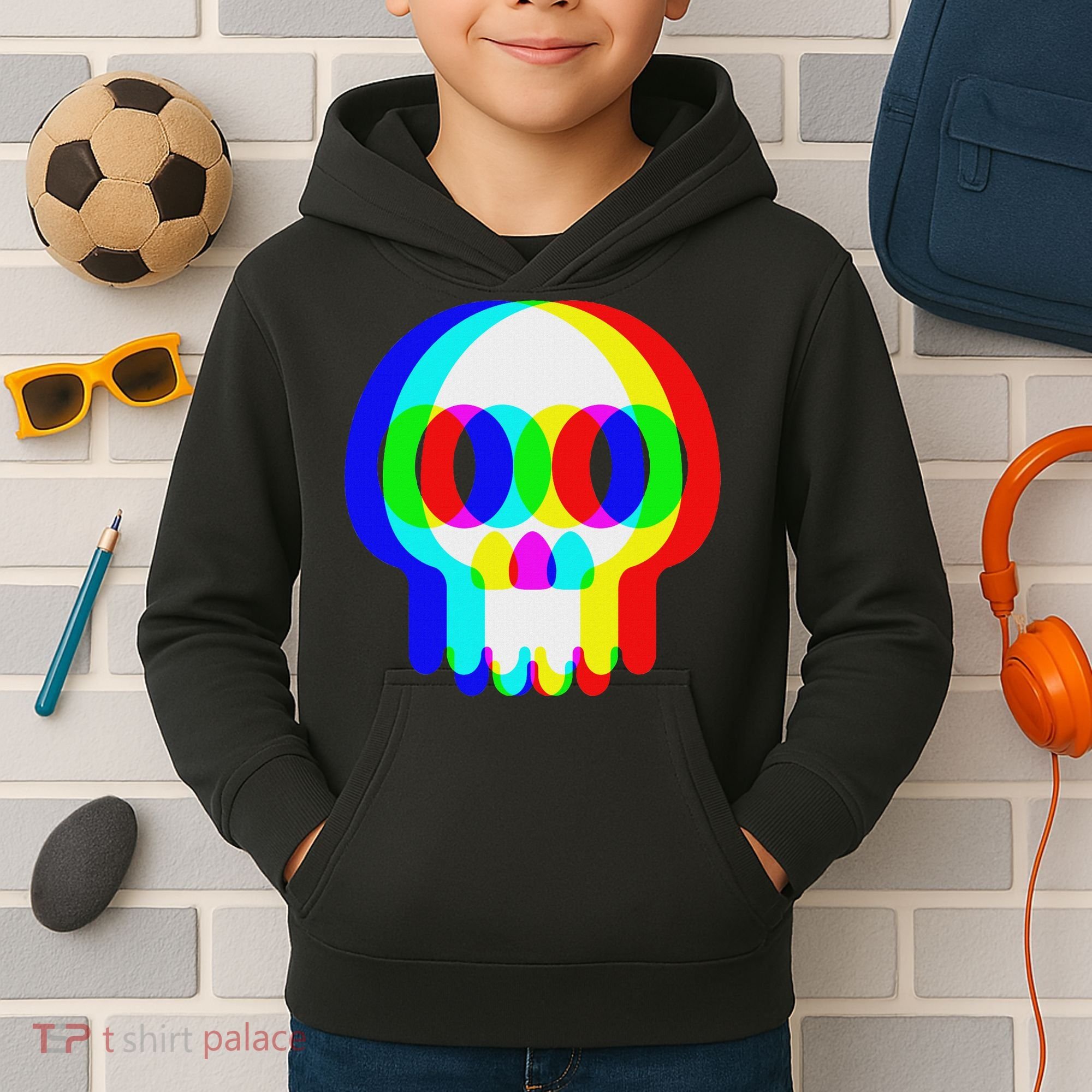 Funny Skull Trippy Vaporwave Halloween Techno Rave Edm Party Kids Hoodie