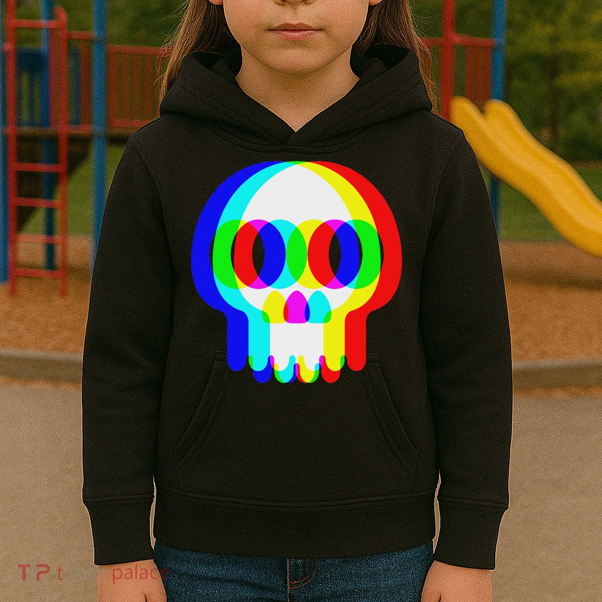 Funny Skull Trippy Vaporwave Halloween Techno Rave Edm Party Kids Hoodie