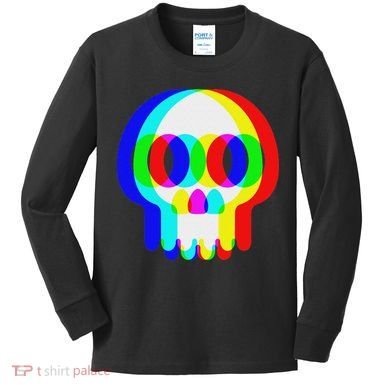 Funny Skull Trippy Vaporwave Halloween Techno Rave Edm Party Kids Long Sleeve Shirt