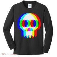 Funny Skull Trippy Vaporwave Halloween Techno Rave Edm Party Kids Long Sleeve Shirt thumb 0