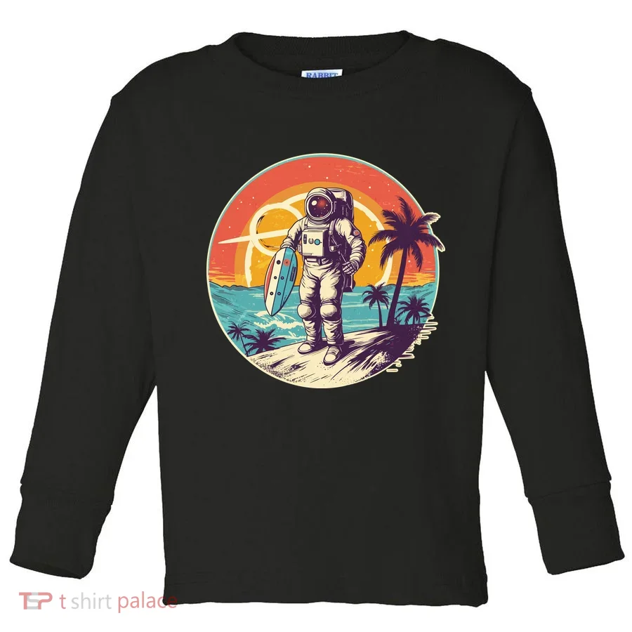 Funny Summer Time Surfing Astronaut Toddler Long Sleeve
