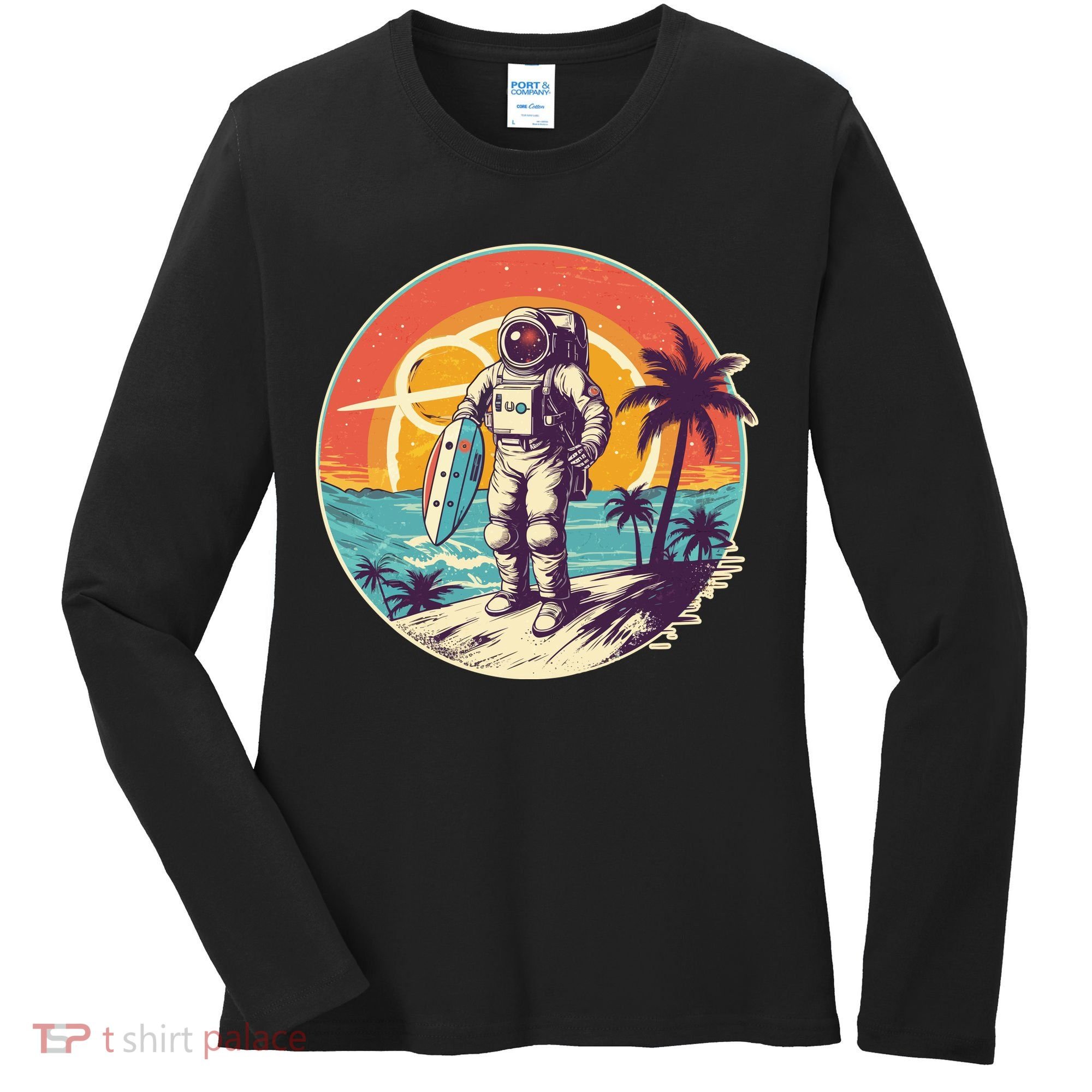 Funny Summer Time Surfing Astronaut Women's Long Sleeve Shirt