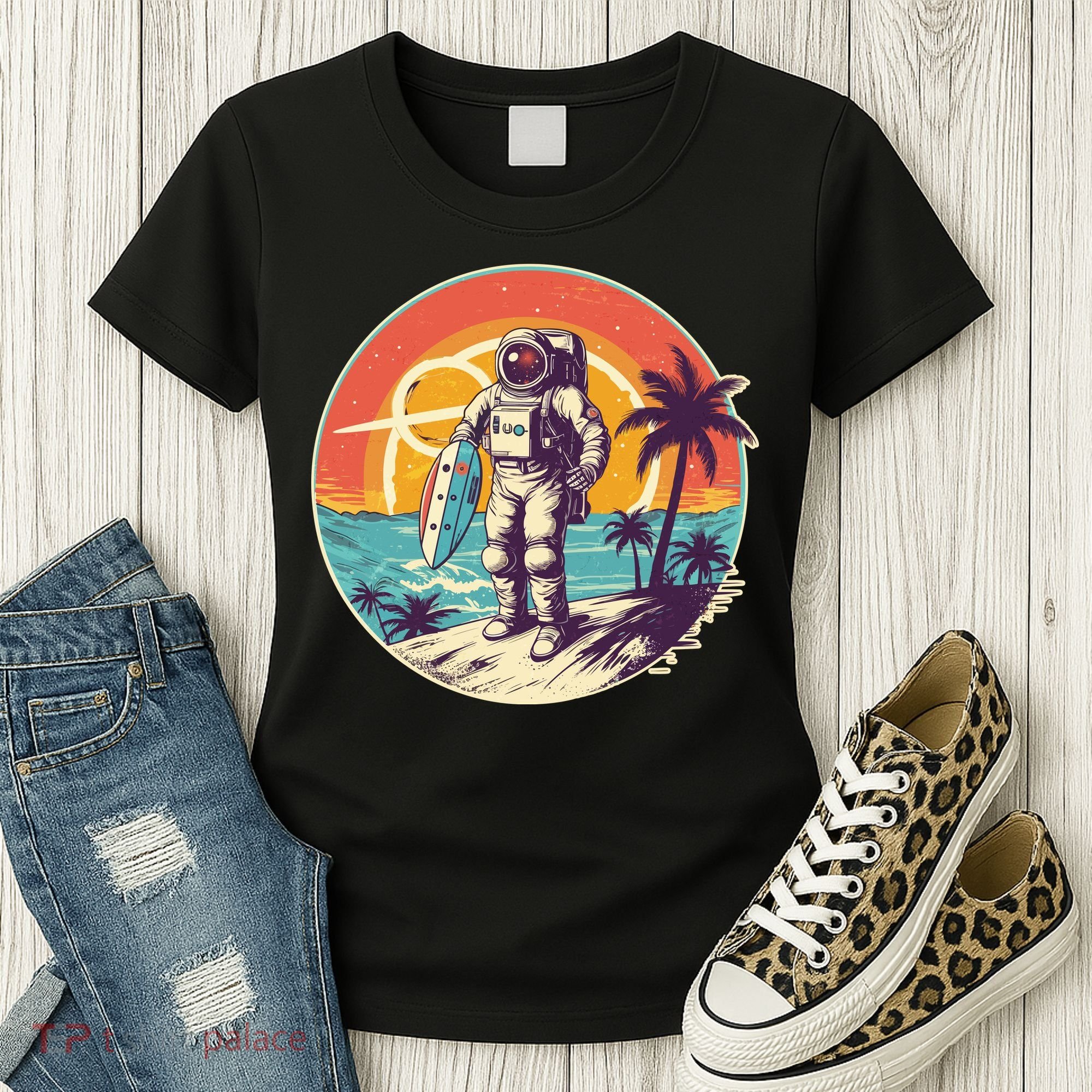Funny Summer Time Surfing Astronaut Women's T-Shirt