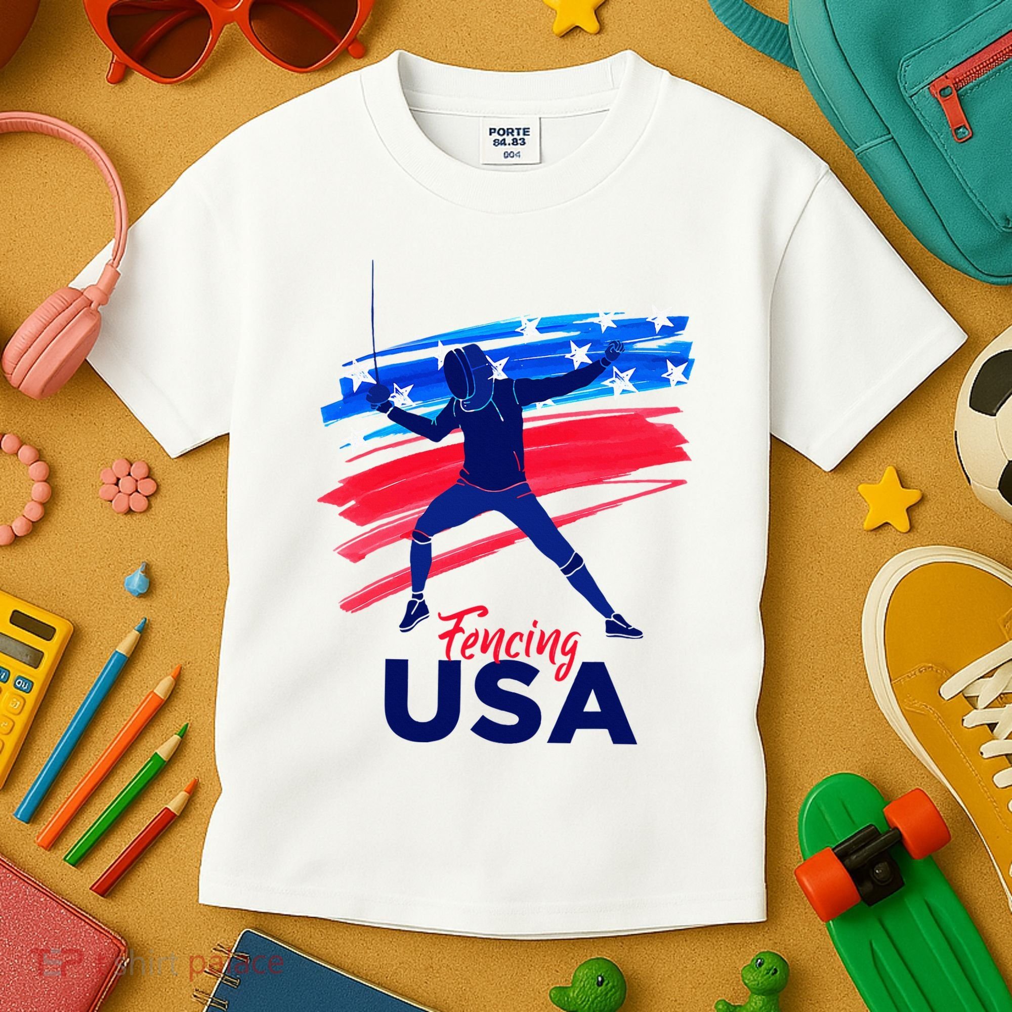 Fencing Support The Team Fencing Player Usa Flag Kids T-Shirt