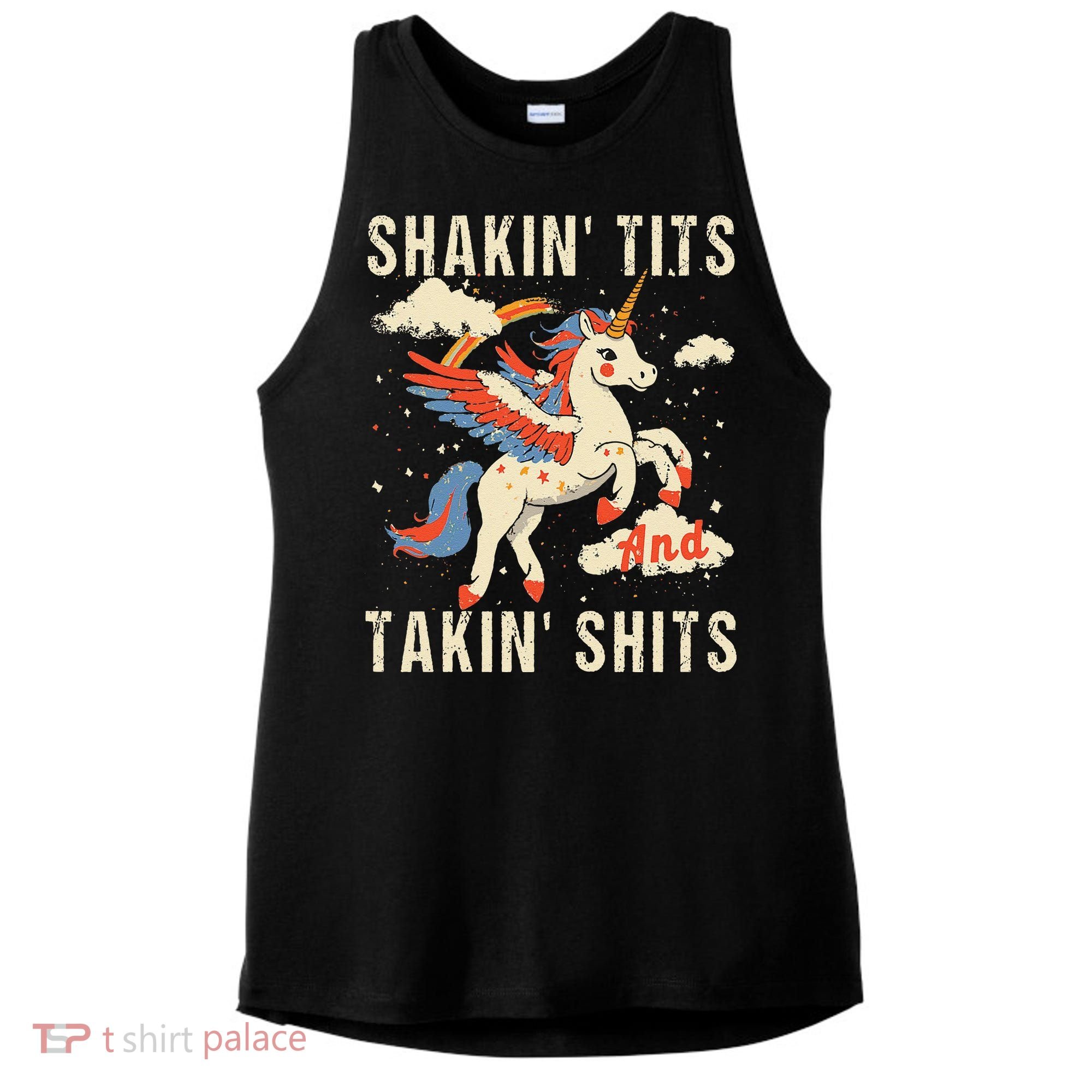 Funny Shakin Tits And Takin Shits Retro Unicorn Sarcasm Ladies PosiCharge Tri-Blend Wicking Tank