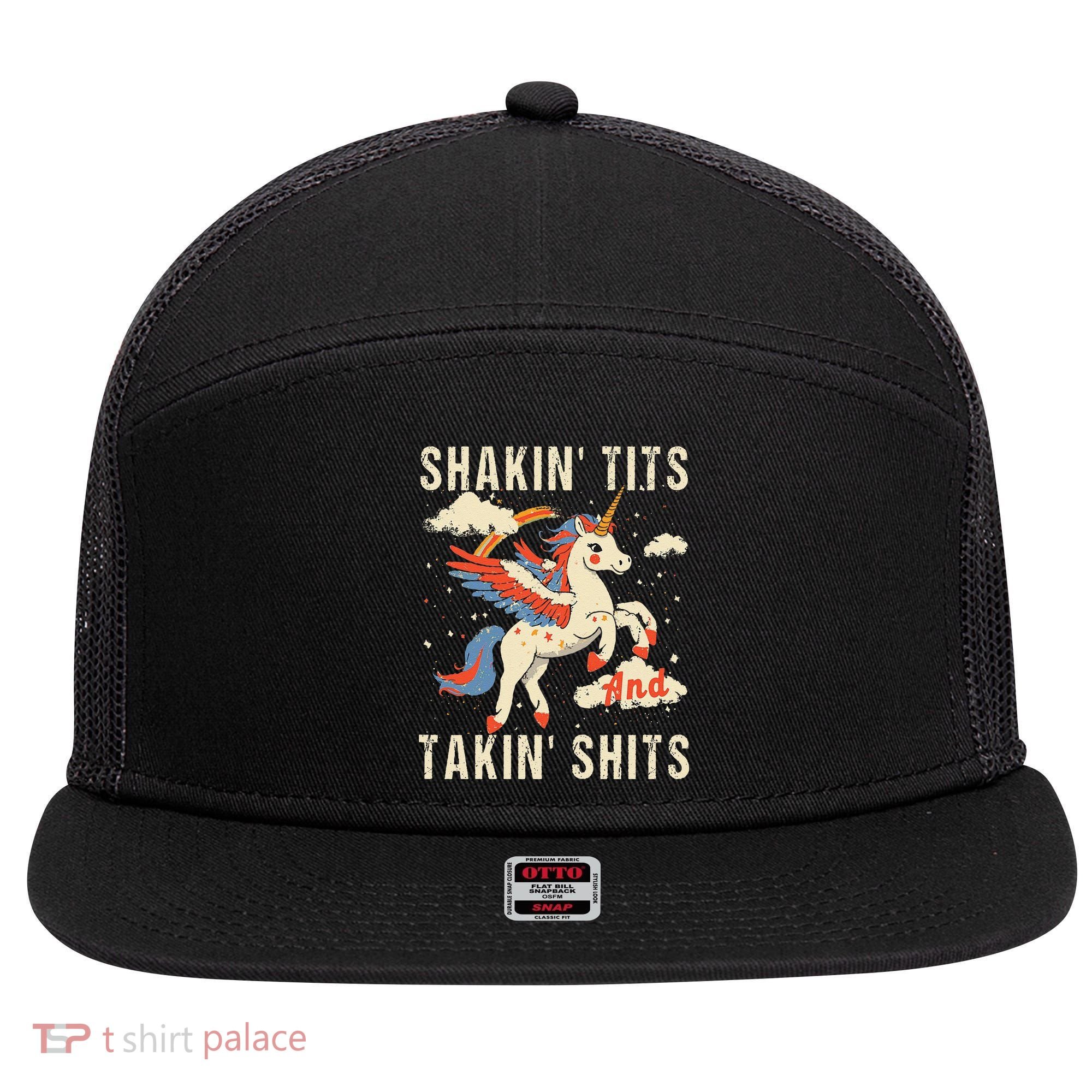Funny Shakin Tits And Takin Shits Retro Unicorn Sarcasm 7 Panel Mesh Trucker Snapback Hat